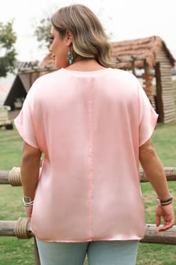 image-Pink Metallic Gloss Short Batwing Sleeve Plus Size Top