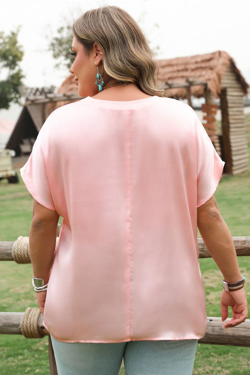 image-Pink Metallic Gloss Short Batwing Sleeve Plus Size Top