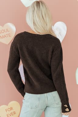 image-Chicory Coffee Heart Metal Button V Neck Cardigan