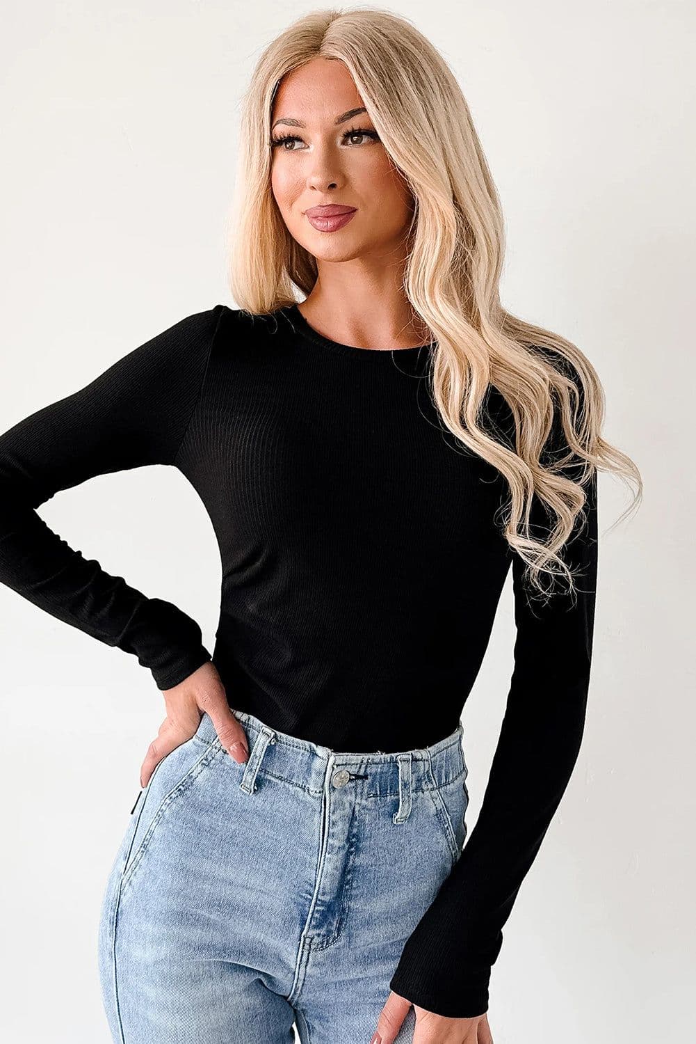 image-Dearlovers Black Ribbed Long Sleeve Bodysuit