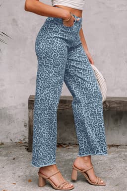 image-Sky Blue Leopard Frayed Edge Wide Leg High Waist Jeans