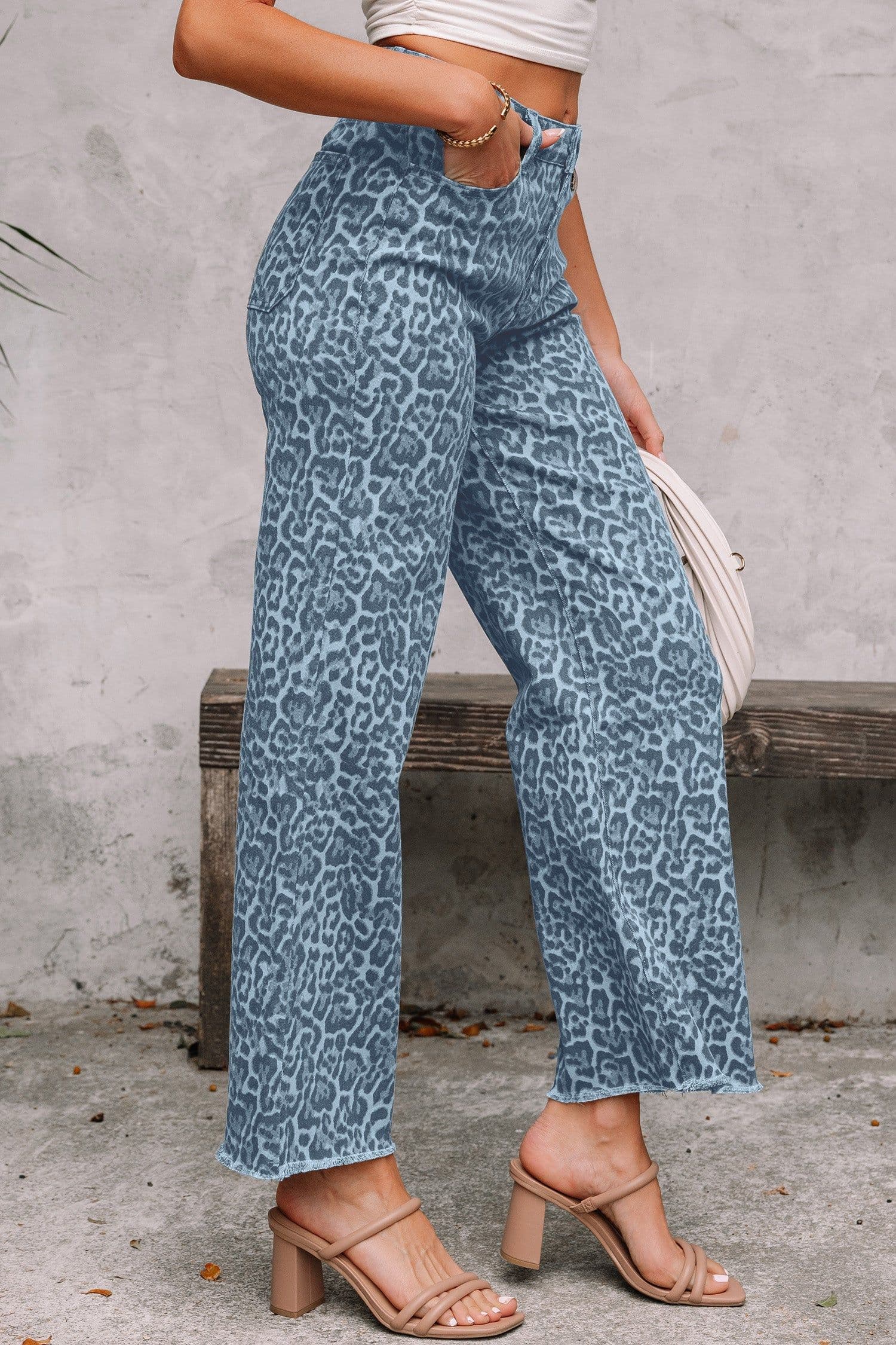 image-Sky Blue Leopard Frayed Wide Leg Jeans