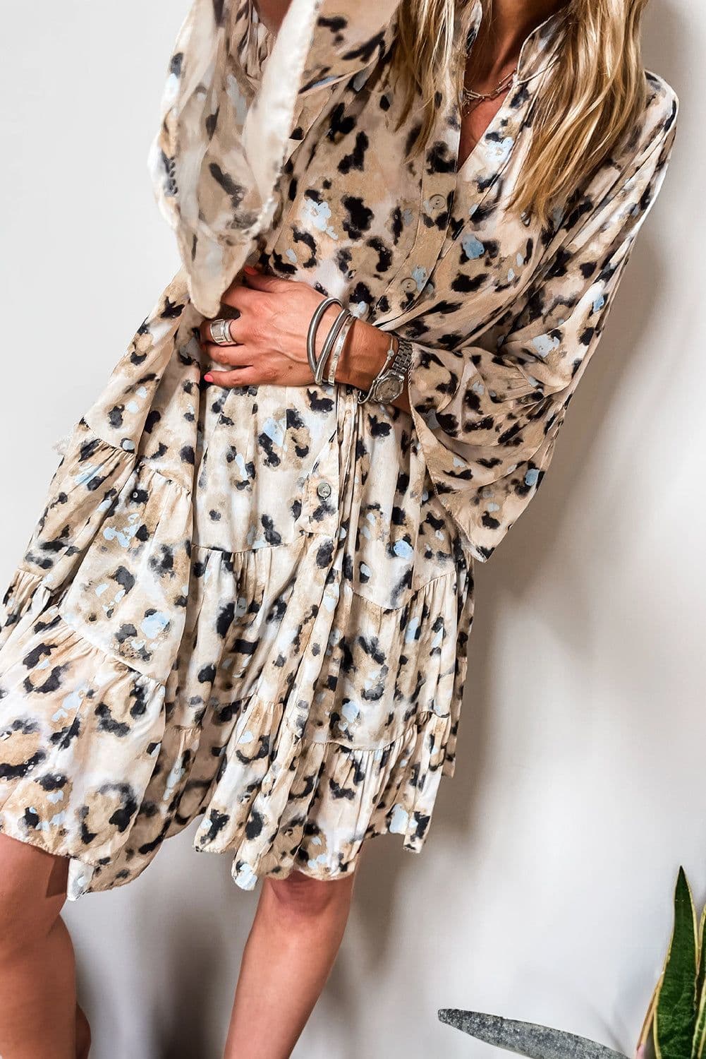 image-Leopard Print Dress - Buttoned Front 3/4 Sleeves, Tiered Ruffled Hem, Black (65 characters)