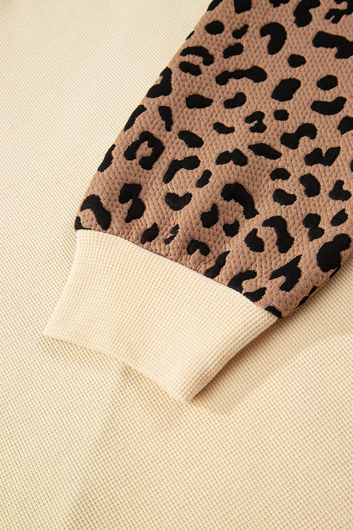 image-Light French Beige Leopard Star Color Block Patchwork Textured Baggy Sweatshirt