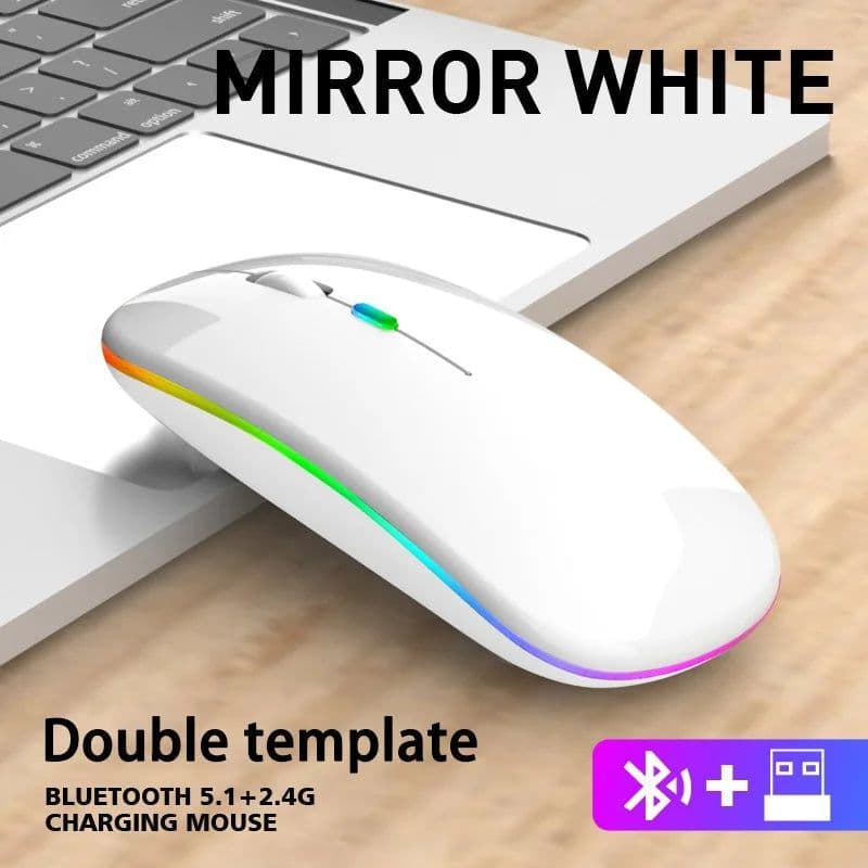 image-Wireless Mouse Bluetooth and 2.4GHz Dual Modes Rechargeable RGB Ergonomic Silent Click for PC iPad Laptop Cell Phone TV
