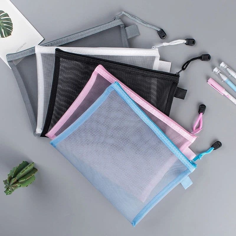 image-Transparent Waterproof Mesh Zipper Pouch Document Bag A4 Size File Folders for School Office Supplies Pencil Case Storage Bags