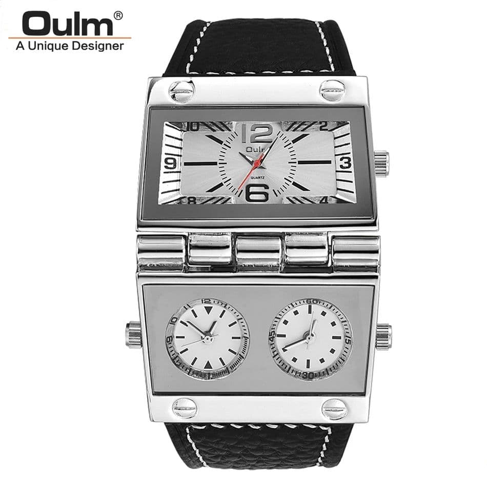 image-New Men Dual Display Sports Watches Oulm Men Watch Fold Big Size Fashion Outdoor Clock Leather Quartz Watch Relogio Masculino