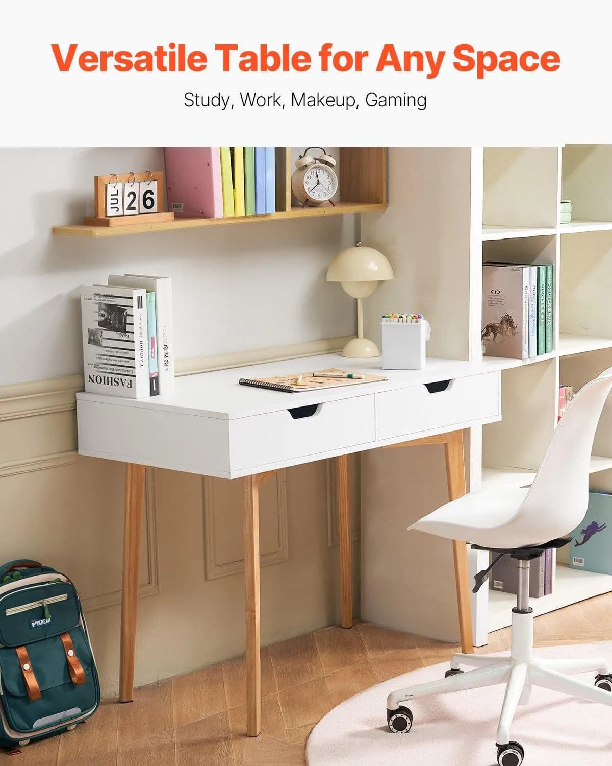 image-VEVOR Small Desk with Drawers, Kids Desk for Bedroom, Wooden Simple Study Table for Drawing, Reading, Writing, Rectangle MDF Furniture Study Storage Table for Home, Office, White + Wood