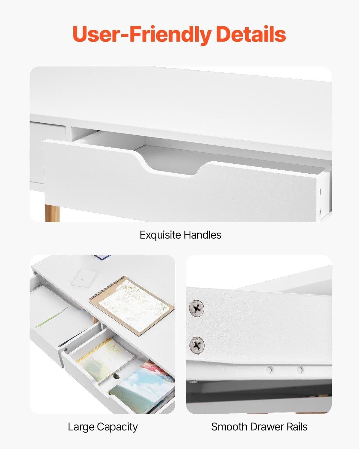 image-VEVOR Small Desk with Drawers, Kids Desk for Bedroom, Wooden Simple Study Table for Drawing, Reading, Writing, Rectangle MDF Furniture Study Storage Table for Home, Office, White + Wood