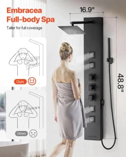 image-VEVOR Shower Panel Tower System with Rainfall Shower Head, 49 in Brushed Stainless Steel Shower Column, 4-Function Faucet, Wall-Mount Rain Massage System, with 4 Body Jets, Handheld, and Tub Spout