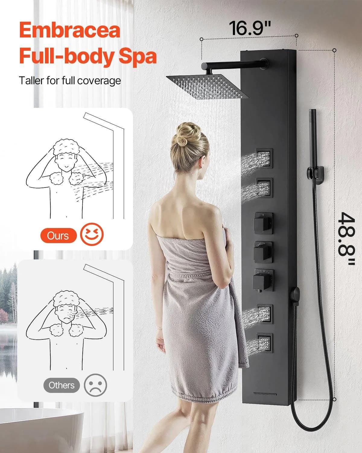 image-VEVOR Shower Panel Tower System with Rainfall Shower Head, 49 in Brushed Stainless Steel Shower Column, 4-Function Faucet, Wall-Mount Rain Massage System, with 4 Body Jets, Handheld, and Tub Spout