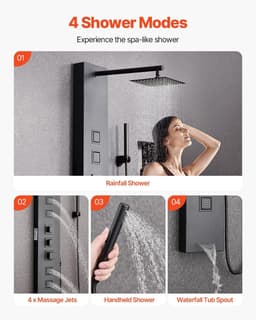 image-VEVOR Shower Panel Tower System with Rainfall Shower Head, 49 in Brushed Stainless Steel Shower Column, 4-Function Faucet, Wall-Mount Rain Massage System, with 4 Body Jets, Handheld, and Tub Spout