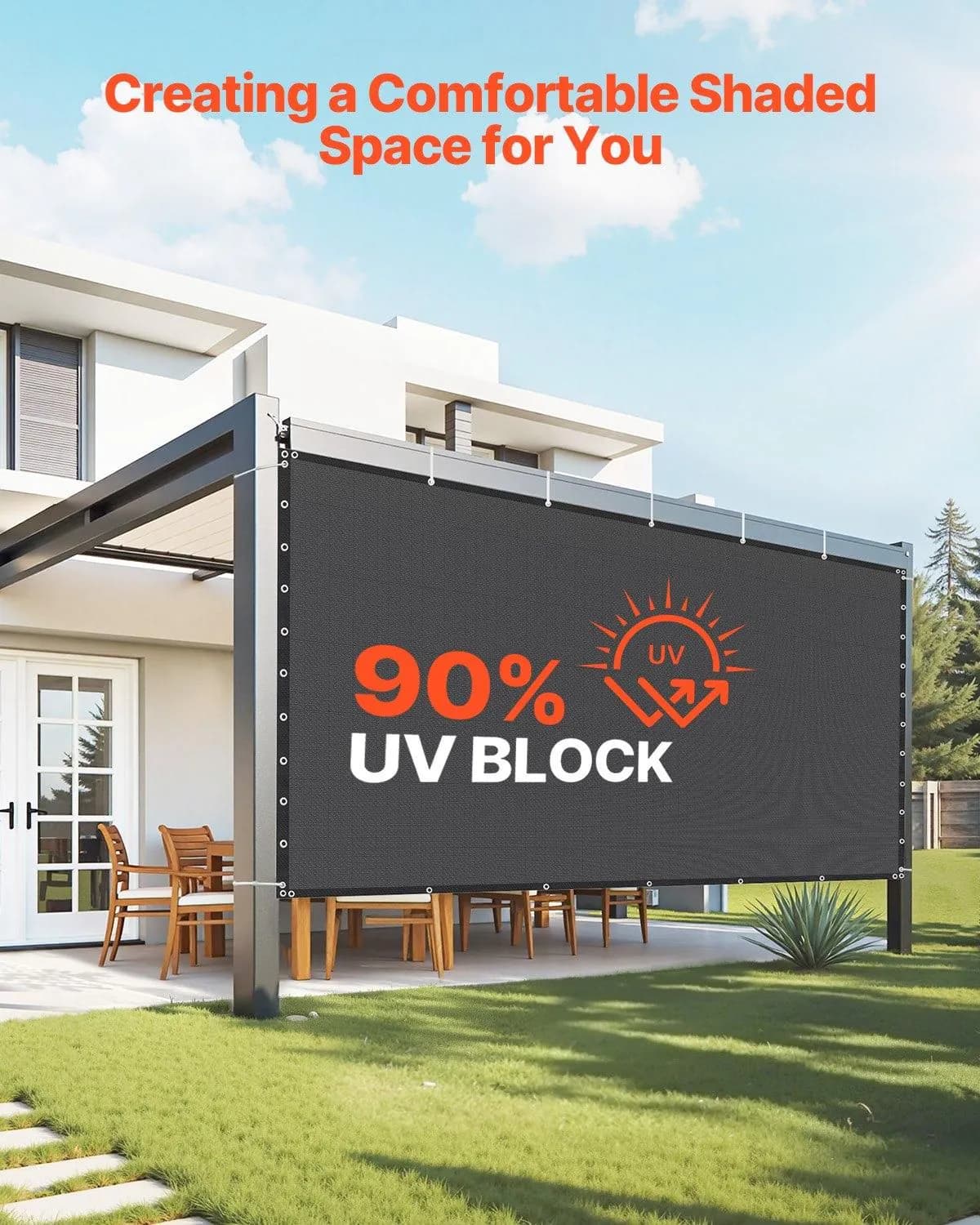 image-VEVOR 90% Sun Shade Cloth, 10 x 12 ft Pergola Shade Cover with Stainless Steel Grommets, Sun Shades Canopy Privacy Screen with 140 GSM HDPE Material, for Outdoor, Patio, Garden, and Backyard (Black)