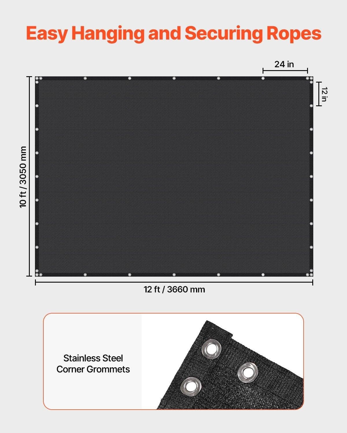 image-VEVOR 90% Sun Shade Cloth, 10 x 12 ft Pergola Shade Cover with Stainless Steel Grommets, Sun Shades Canopy Privacy Screen with 140 GSM HDPE Material, for Outdoor, Patio, Garden, and Backyard (Black)