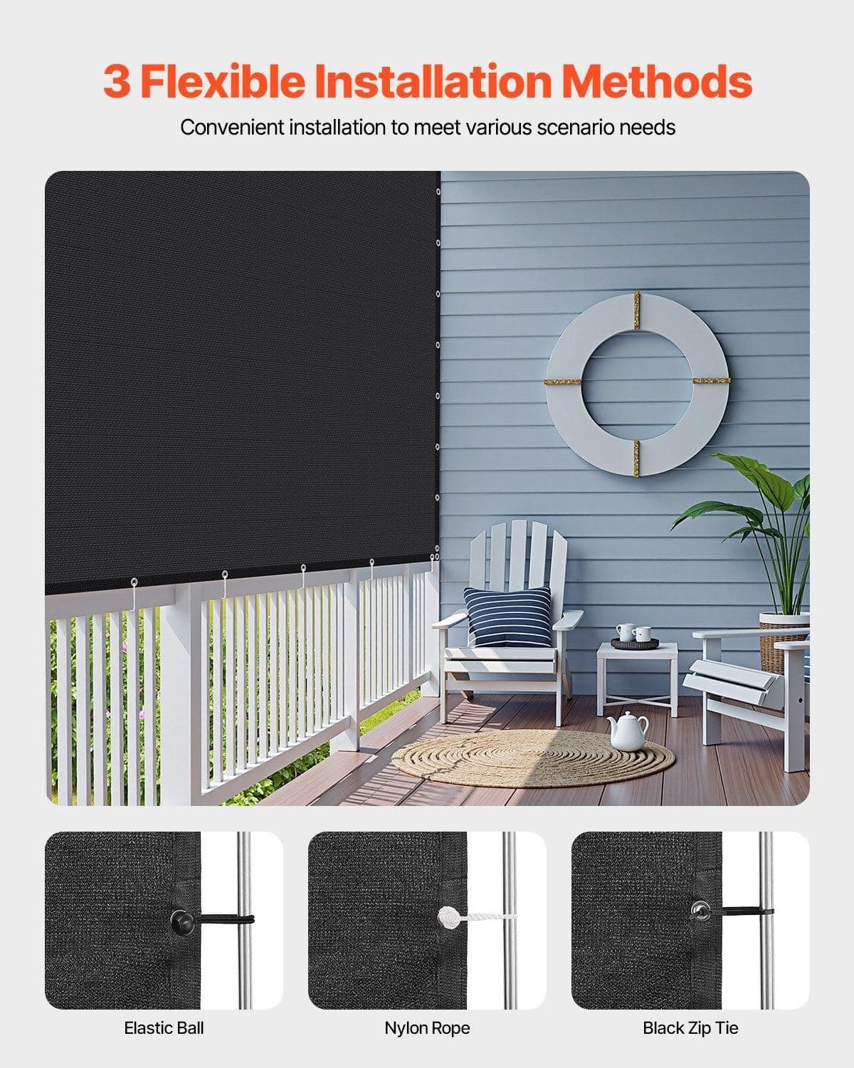 image-VEVOR 90% Sun Shade Cloth, 10 x 12 ft Pergola Shade Cover with Stainless Steel Grommets, Sun Shades Canopy Privacy Screen with 140 GSM HDPE Material, for Outdoor, Patio, Garden, and Backyard (Black)