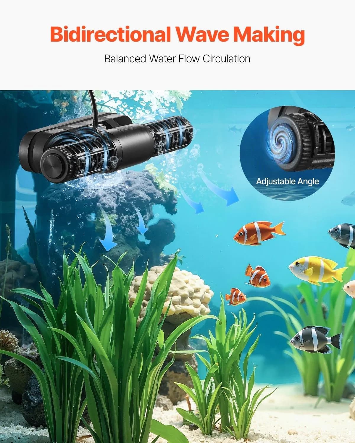 image-VEVOR Aquarium Wave Maker, 25W, 2380 GPH Adjustable Cross Flow Pump with Controller, Magnetic DC 24V Aquarium Powerhead, Strong Magnetic Base, 360° Rotating Wavemaker, for Saltwater Marine Freshwater