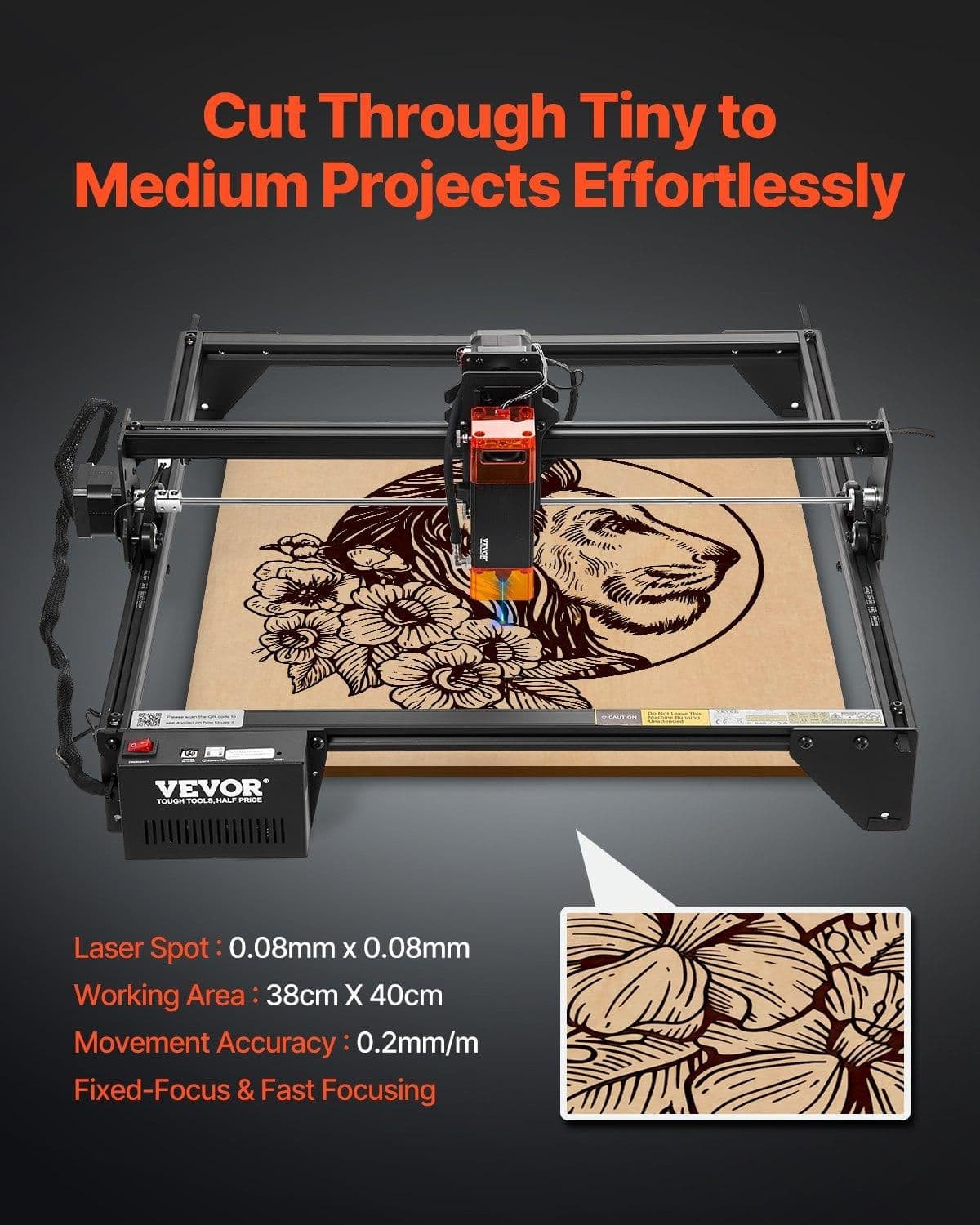 image-VEVOR Laser Engraver, 5W Output, Laser Engraving Cutter Machine, 14.9 x 15.7 in/38 x 40 cm Working Area, 10000 mm/min Movement Speed, Compressed Spot with Eye Protection, for Wood, Certain Metal