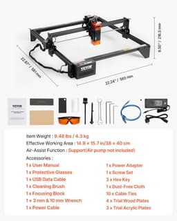 image-VEVOR Laser Engraver, 5W Output, Laser Engraving Cutter Machine, 14.9 x 15.7 in/38 x 40 cm Working Area, 10000 mm/min Movement Speed, Compressed Spot with Eye Protection, for Wood, Certain Metal
