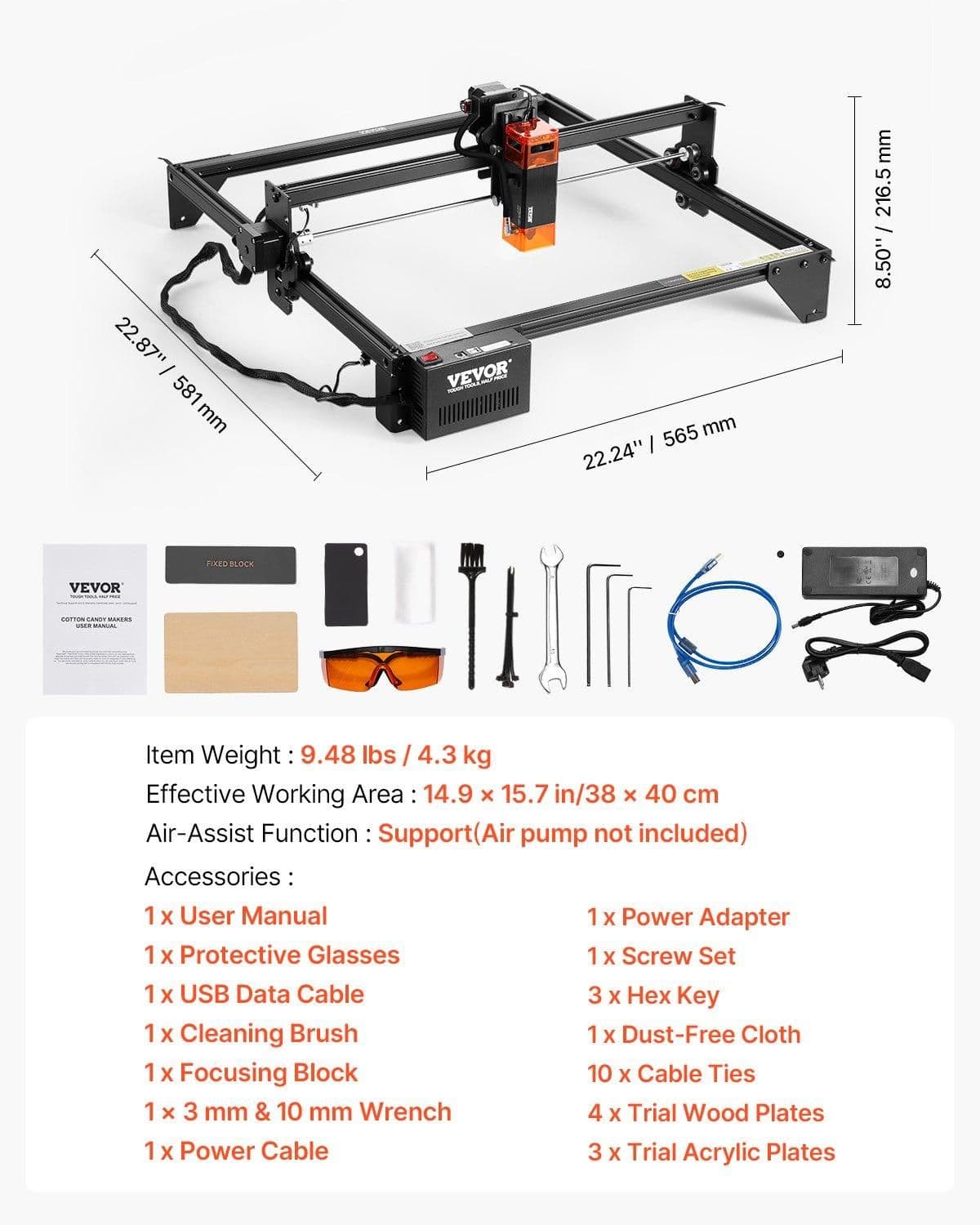 image-VEVOR Laser Engraver, 5W Output, Laser Engraving Cutter Machine, 14.9 x 15.7 in/38 x 40 cm Working Area, 10000 mm/min Movement Speed, Compressed Spot with Eye Protection, for Wood, Certain Metal