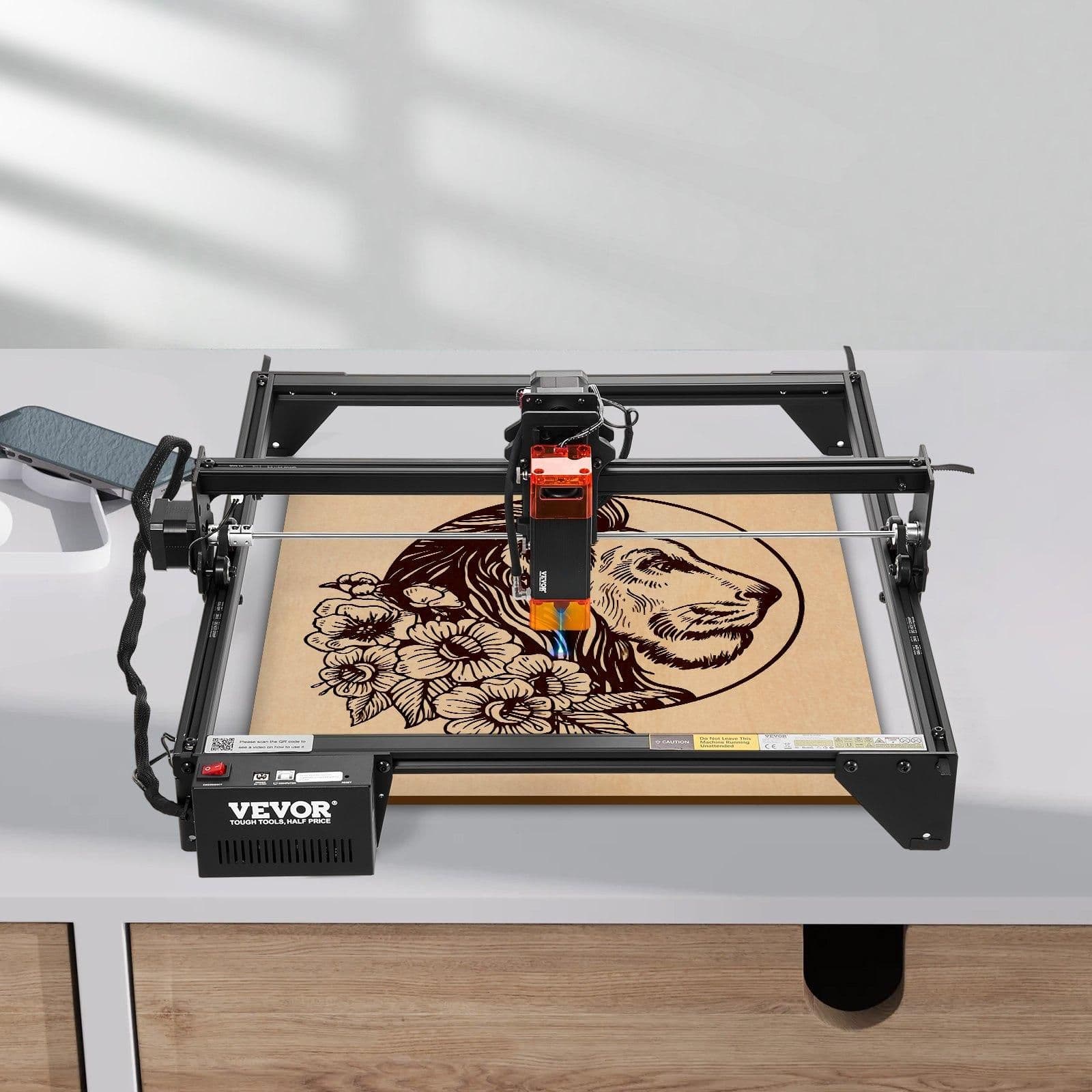 image-VEVOR Laser Engraver, 5W Output, Laser Engraving Cutter Machine, 14.9 x 15.7 in/38 x 40 cm Working Area, 10000 mm/min Movement Speed, Compressed Spot with Eye Protection, for Wood, Certain Metal
