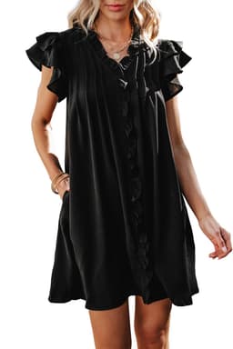 image-Black Ruffle Sleeve V Neck Frilled Shift Dress