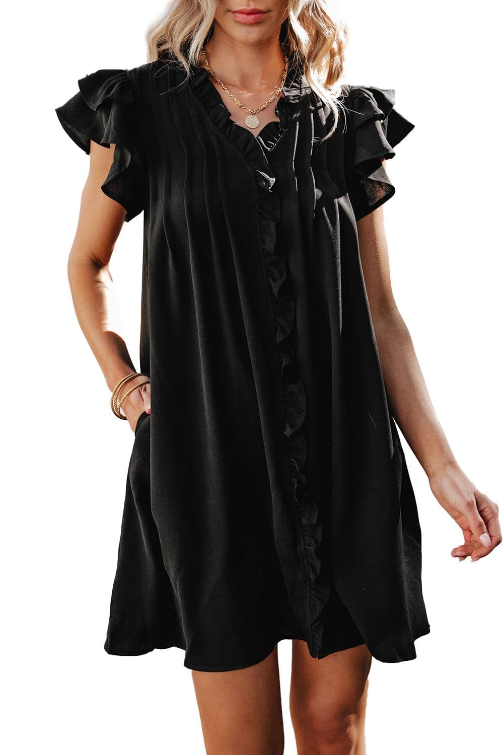 image-Black Ruffle Sleeve V Neck Frilled Shift Dress