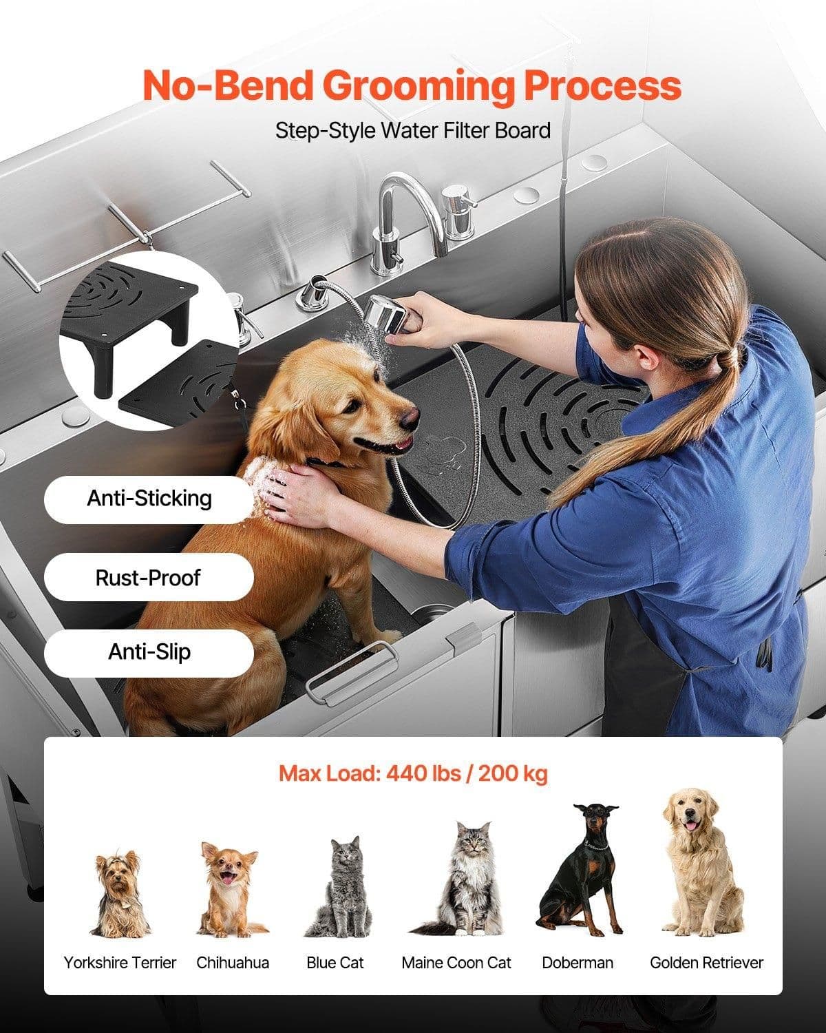 image-VEVOR 304 Stainless Steel Dog Washing Station, 61 Inch Pet Grooming Tub with Non-Slip Low-Slope Ramp, Storage Drawer, Hot & Cold Faucet, All-in-One Bath for Grooming Shop, Fits All Sizes (Left Door)
