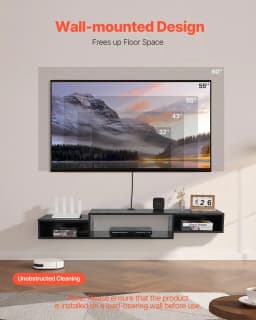 image-VEVOR Floating TV Stand, 59" Wall Mount Entertainment Center with Power Outlet & Cable Hole, Modern Floating TV Shelf with Storage Cabinet for DVD Player, Cable Box, Game Console, TV Accessory, Black
