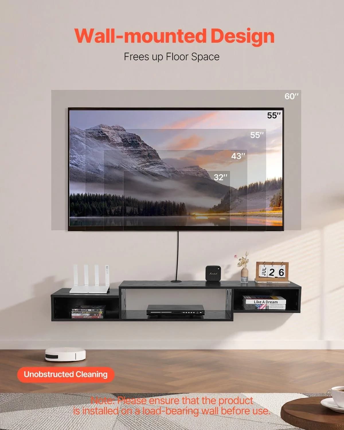 image-VEVOR Floating TV Stand, 59" Wall Mount Entertainment Center with Power Outlet & Cable Hole, Modern Floating TV Shelf with Storage Cabinet for DVD Player, Cable Box, Game Console, TV Accessory, Black