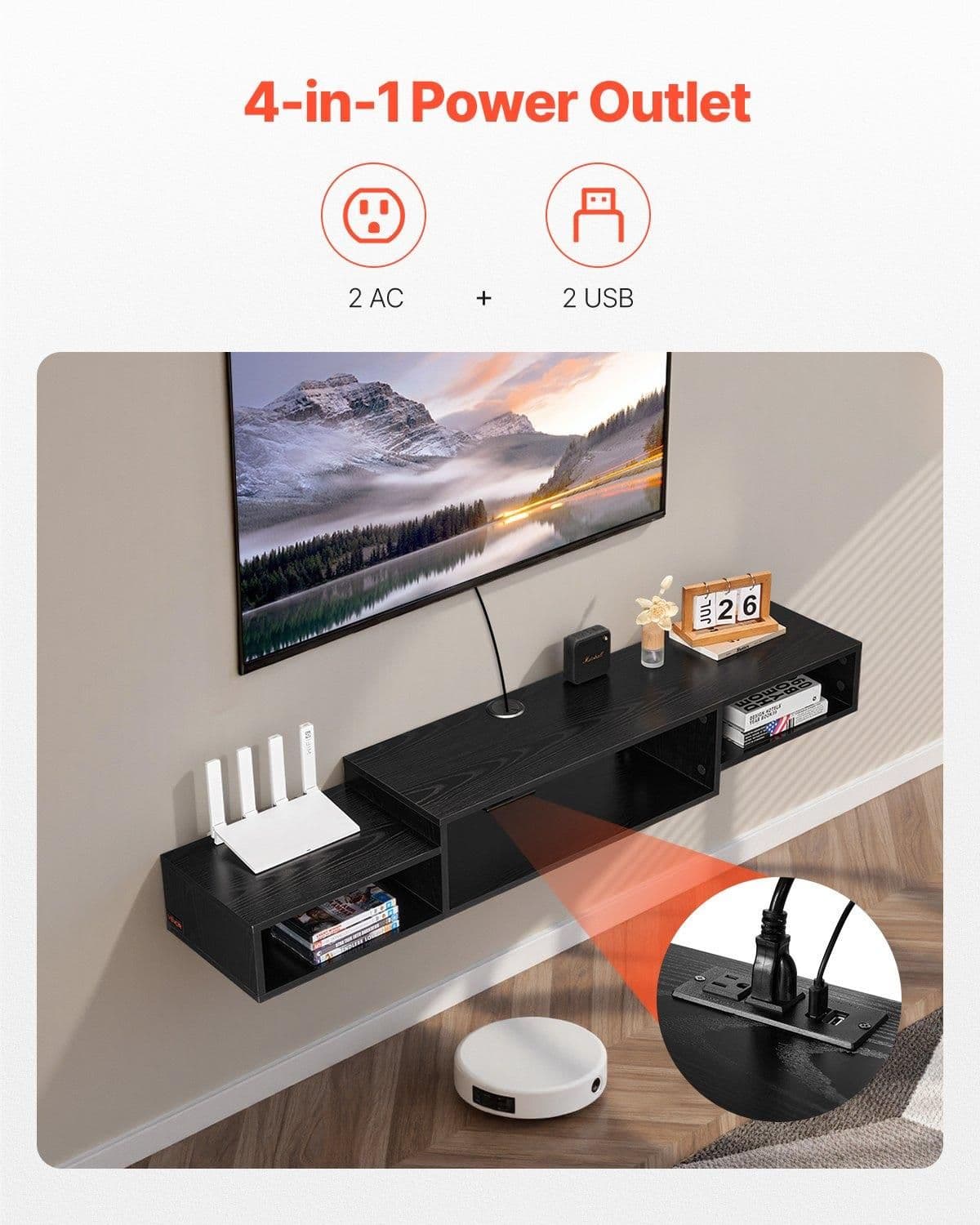 image-VEVOR Floating TV Stand, 59" Wall Mount Entertainment Center with Power Outlet & Cable Hole, Modern Floating TV Shelf with Storage Cabinet for DVD Player, Cable Box, Game Console, TV Accessory, Black