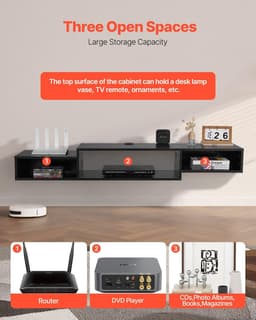 image-VEVOR Floating TV Stand, 59" Wall Mount Entertainment Center with Power Outlet & Cable Hole, Modern Floating TV Shelf with Storage Cabinet for DVD Player, Cable Box, Game Console, TV Accessory, Black