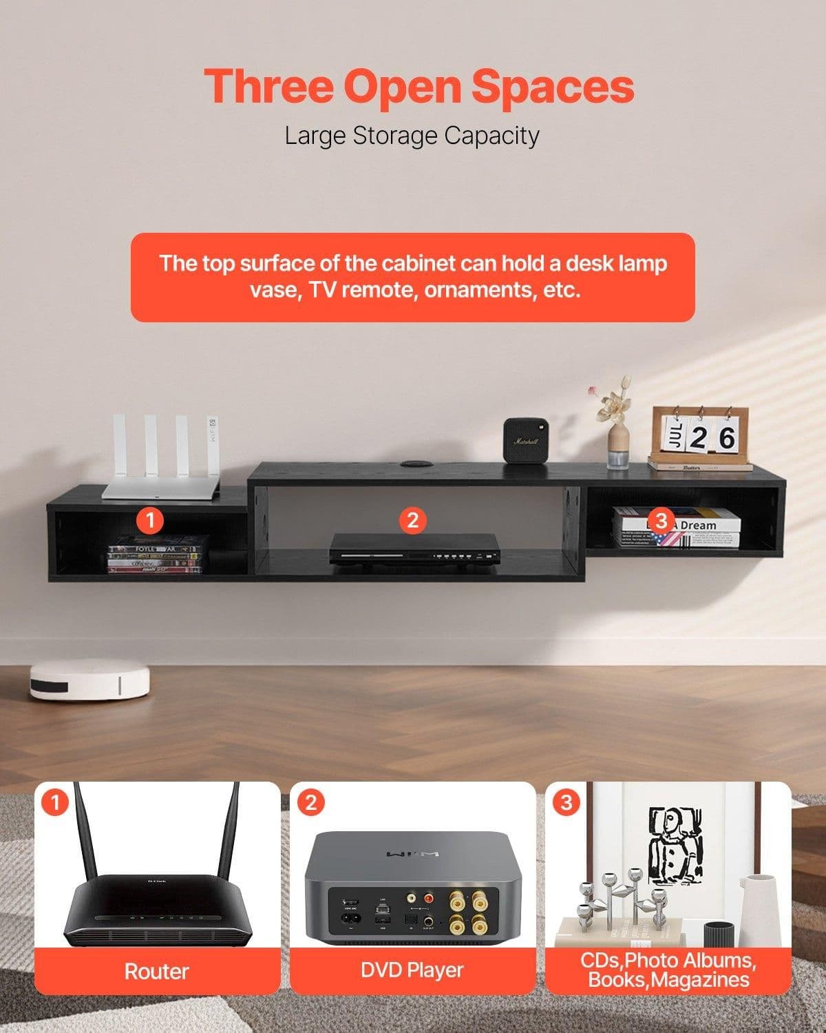 image-VEVOR Floating TV Stand, 59" Wall Mount Entertainment Center with Power Outlet & Cable Hole, Modern Floating TV Shelf with Storage Cabinet for DVD Player, Cable Box, Game Console, TV Accessory, Black