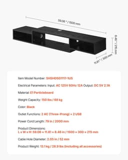 image-VEVOR Floating TV Stand, 59" Wall Mount Entertainment Center with Power Outlet & Cable Hole, Modern Floating TV Shelf with Storage Cabinet for DVD Player, Cable Box, Game Console, TV Accessory, Black