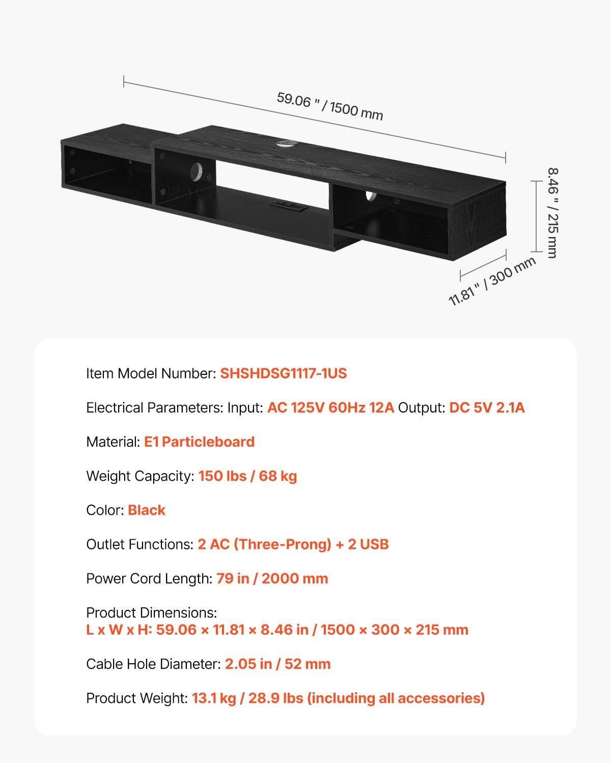 image-VEVOR Floating TV Stand, 59" Wall Mount Entertainment Center with Power Outlet & Cable Hole, Modern Floating TV Shelf with Storage Cabinet for DVD Player, Cable Box, Game Console, TV Accessory, Black