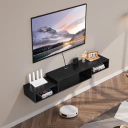 image-VEVOR Floating TV Stand, 59" Wall Mount Entertainment Center with Power Outlet & Cable Hole, Modern Floating TV Shelf with Storage Cabinet for DVD Player, Cable Box, Game Console, TV Accessory, Black