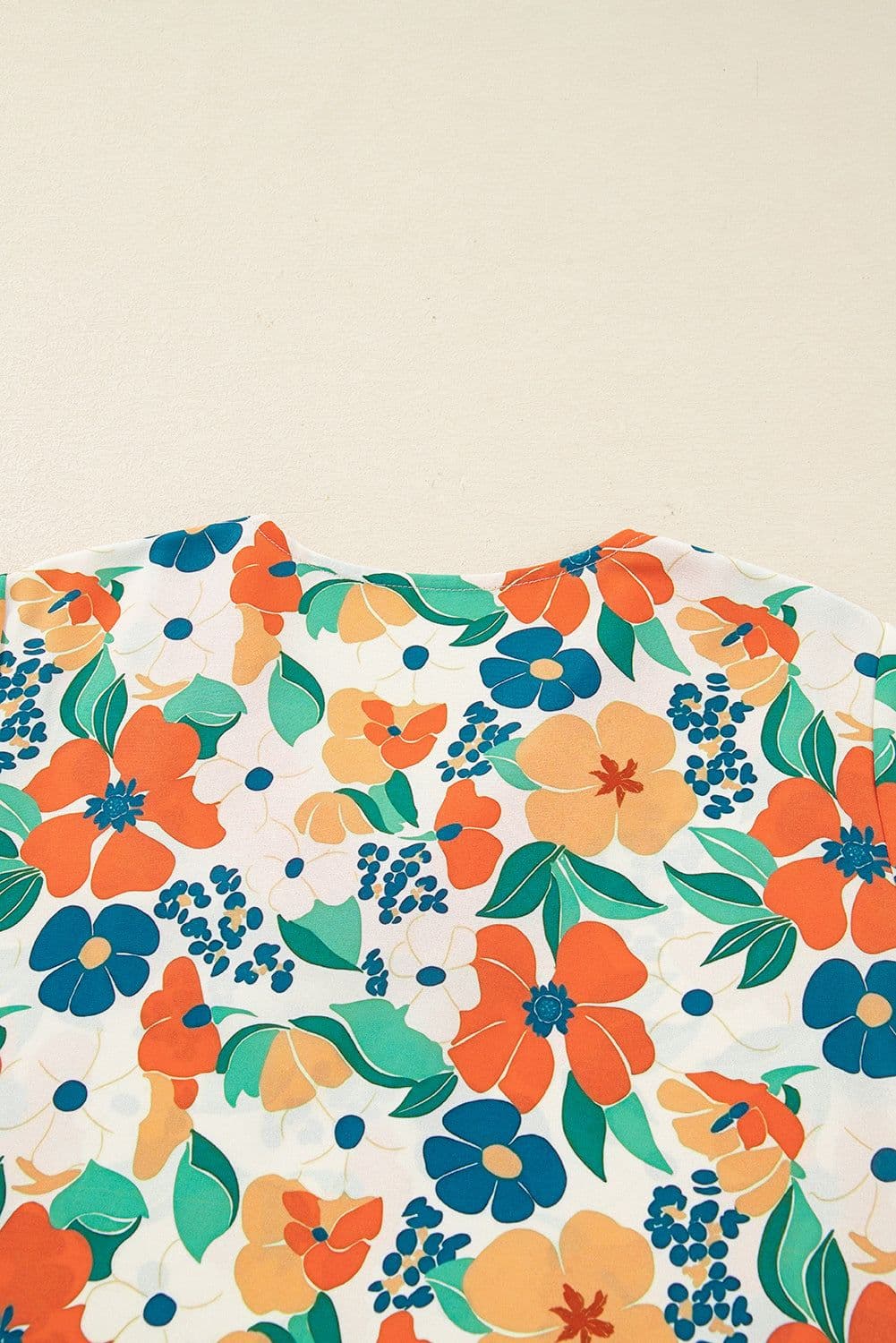 image-Orange Floral Print Blouse - Frilled V Neck