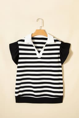 image-Black Stripe Collar V Neck Ruffled Short Sleeve Blouse