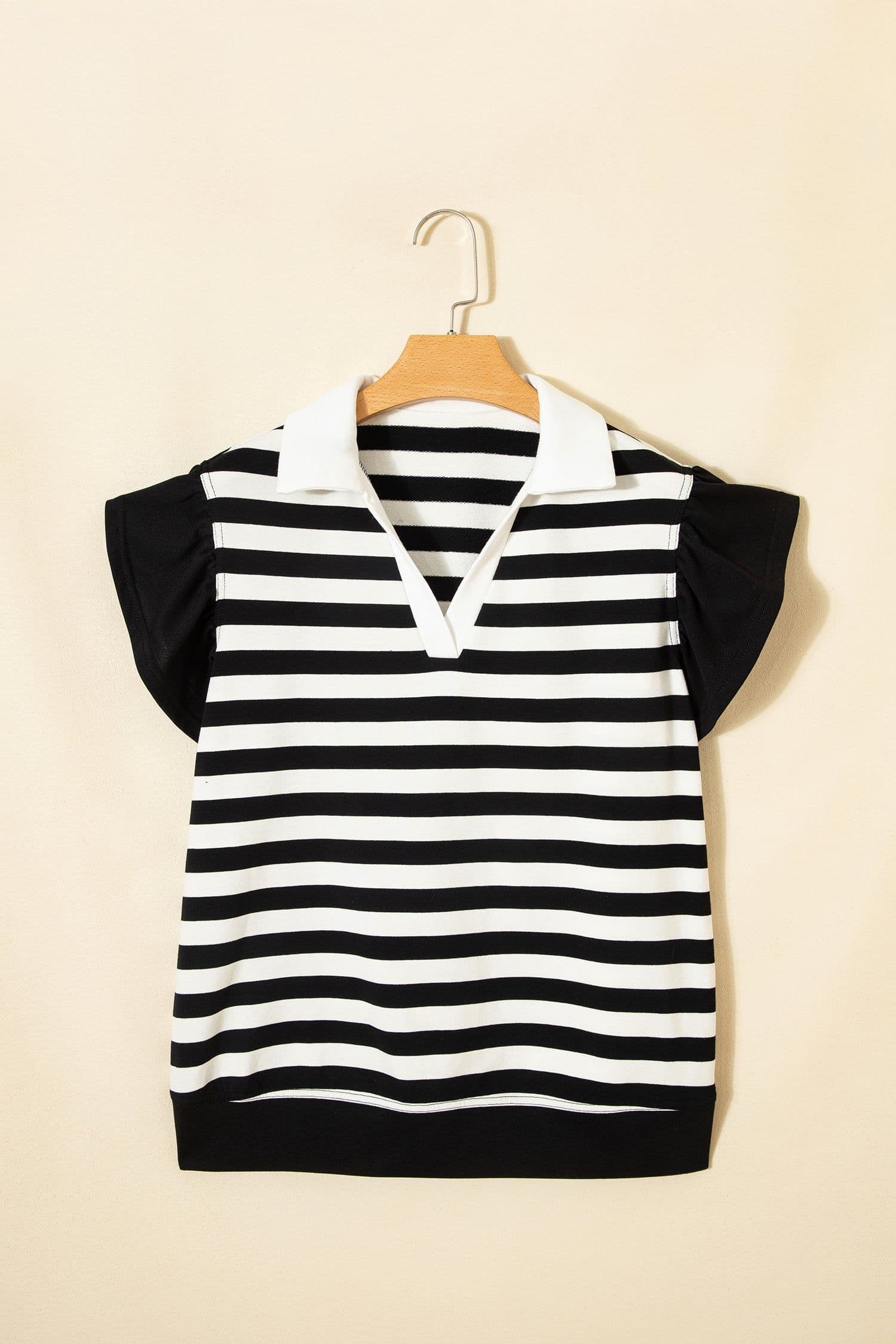 image-Black Stripe Collar V Neck Ruffled Short Sleeve Blouse