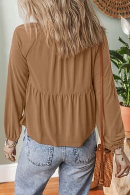 image-Black Smocked Bust Buttoned Split V Neck Blouse