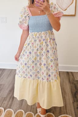 image-Floral Patchwork Long Dress - Square Neck Smocked Bodice