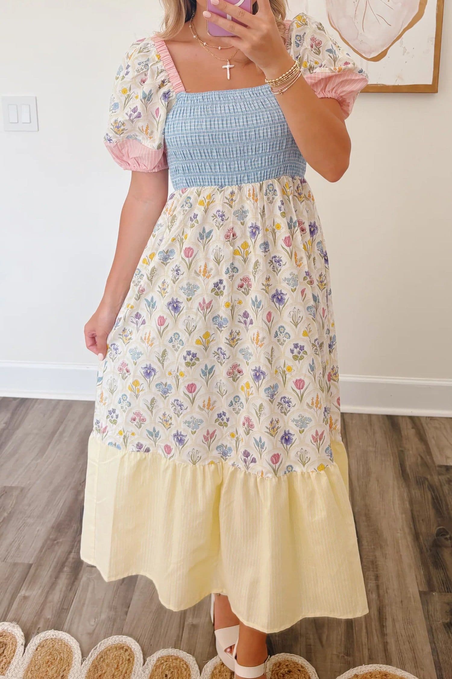 image-Floral Patchwork Long Dress - Square Neck Smocked Bodice