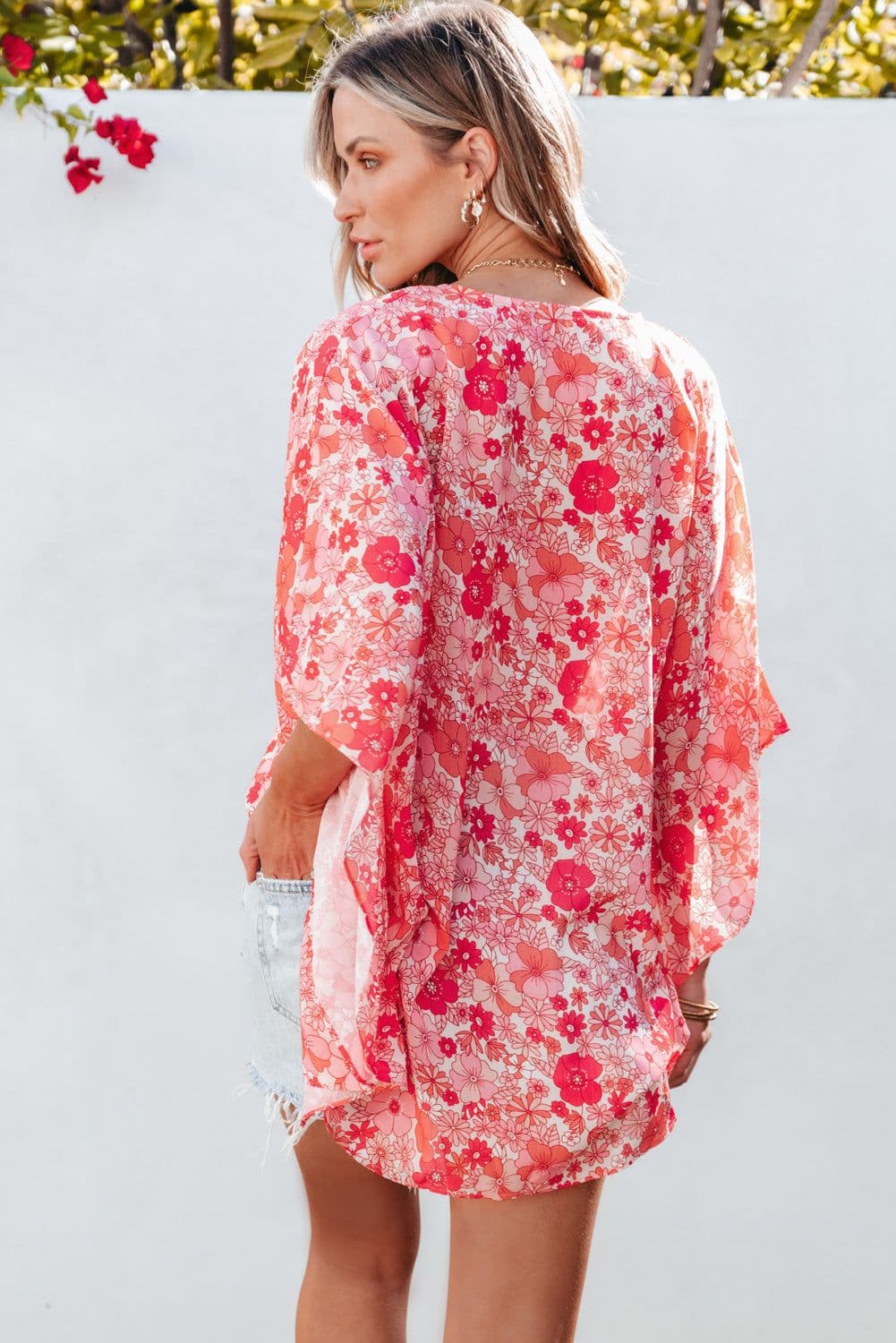 image-Pink Boho Floral V Neck Kimono Blouse - Oversized