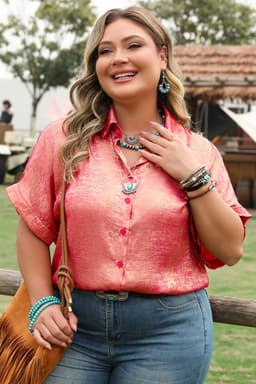image-Rose Red Plus Size Metallic Sheen Button Up Shirt