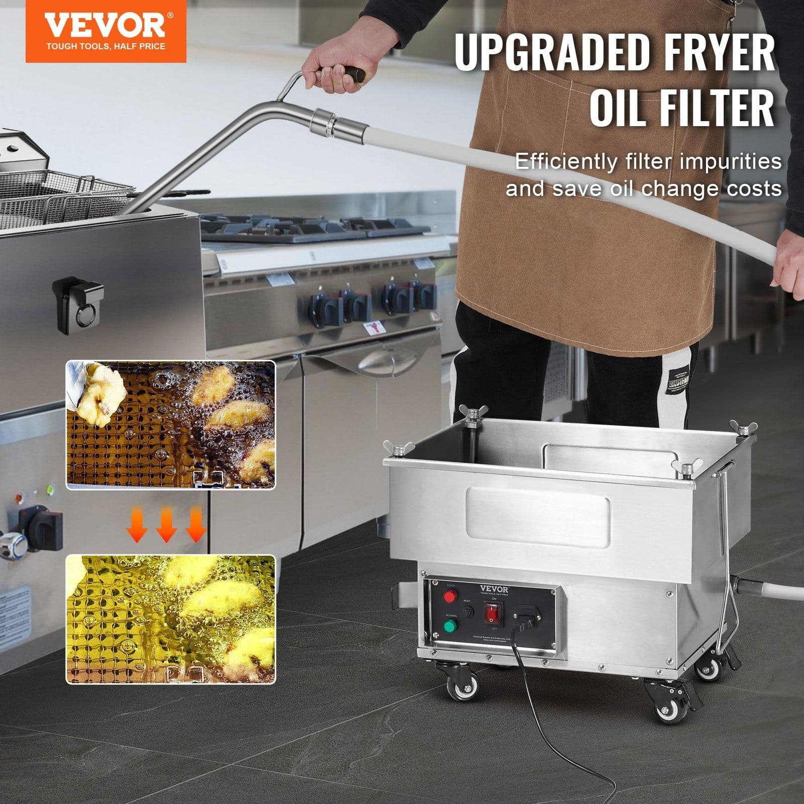 image-VEVOR Portable Oil Filtering Unit, 18L Capacity, 10 L/min Filtering Speed, Equipped with Swivel Casters and Oil Hose, Ideal for Fast Food Venues