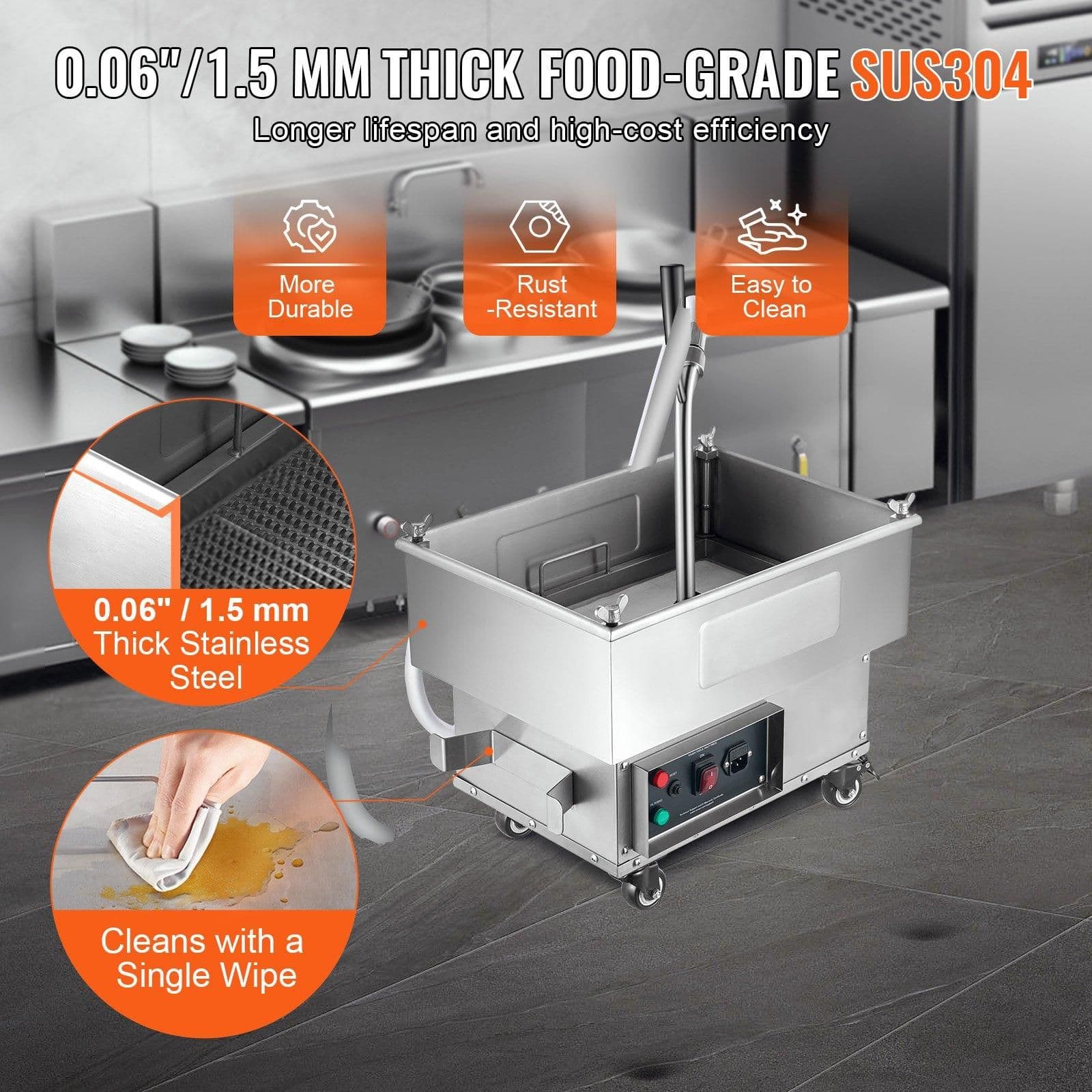 image-VEVOR Portable Oil Filtering Unit, 18L Capacity, 10 L/min Filtering Speed, Equipped with Swivel Casters and Oil Hose, Ideal for Fast Food Venues