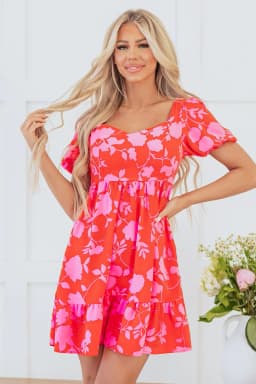 image-Floral Ruffled Bubble Sleeve Sweetheart Neck Mini Dress - Red