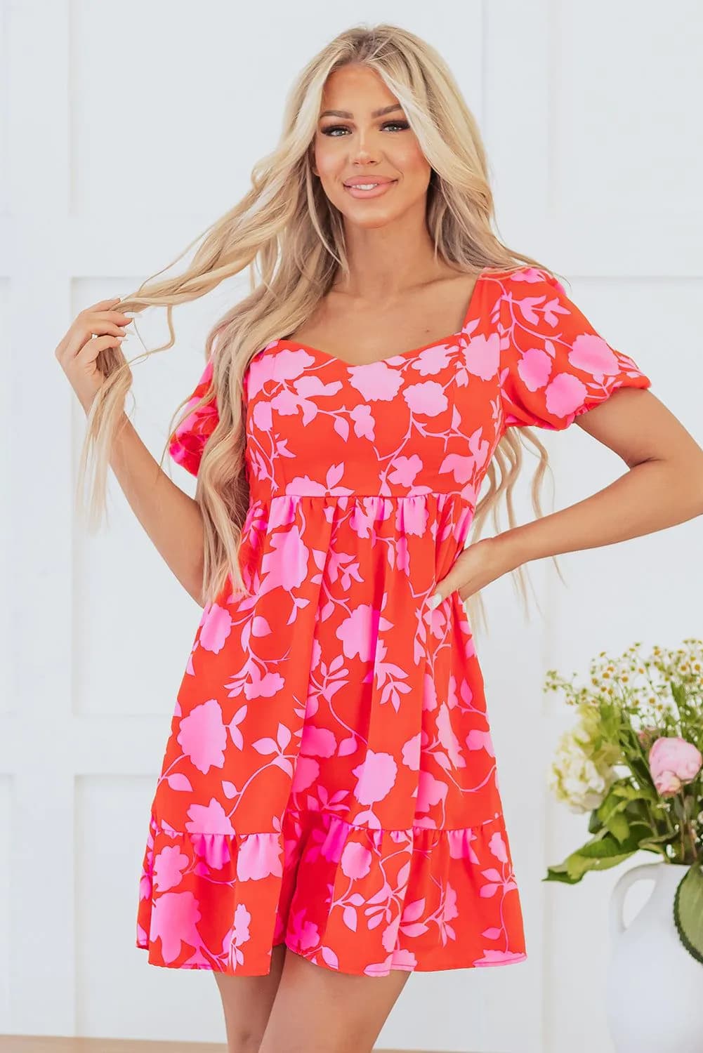 image-Floral Ruffled Bubble Sleeve Sweetheart Neck Mini Dress - Red