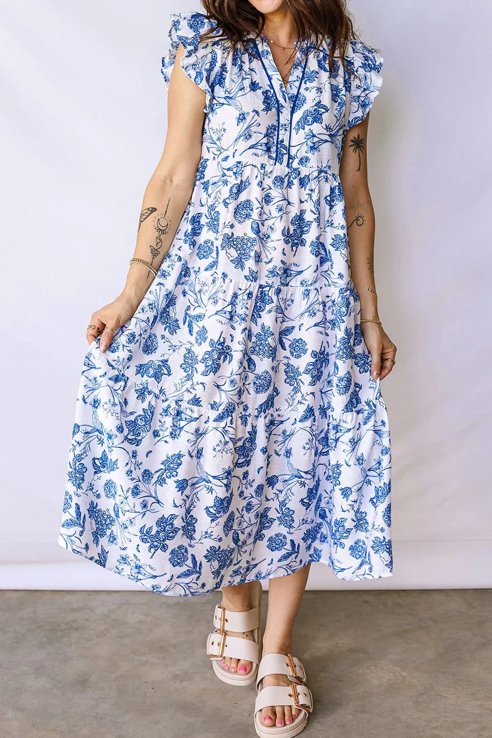 image-Blue Ruffled Short Sleeve Tiered Floral Midi Dress