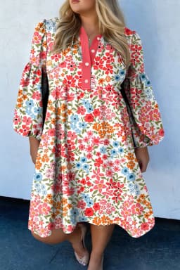 image-Pink Plus Size Button V Neck Leopard Print Puff Sleeve Loose Mini Dress