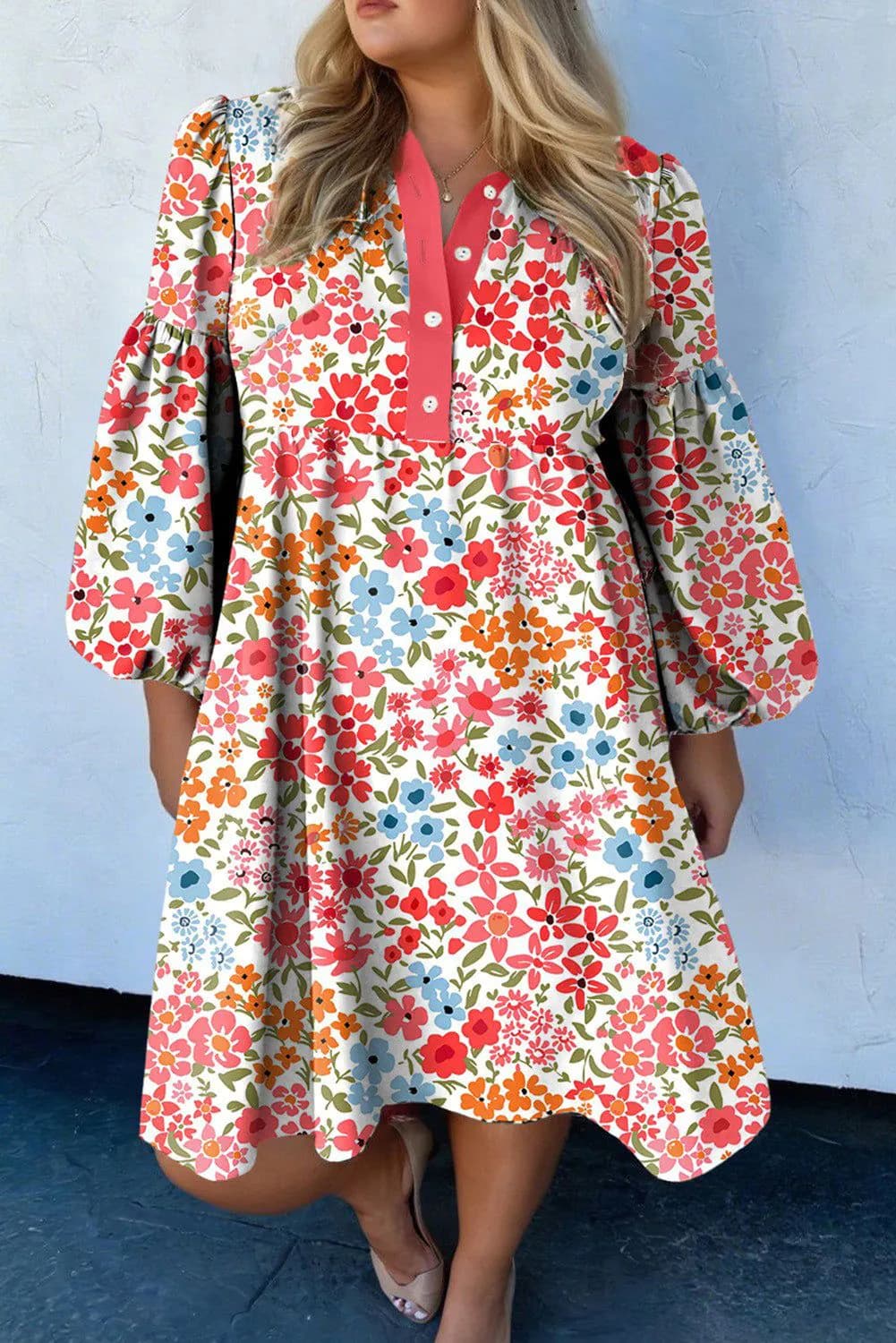 image-Pink Plus Size Button V Neck Leopard Print Puff Sleeve Loose Mini Dress